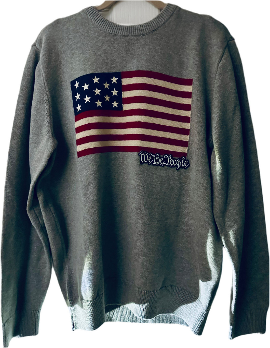 Unique Original One of a Kind Hand Appliquéd Gray #WETHEPEOPLE American Flag 🇺🇸 Sweater