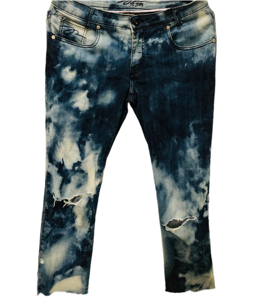 Unique Original One of a Kind Hand Bleached Distressed Cropped Raw Edge FREEDOM Denim Jeans