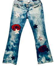 Load image into Gallery viewer, Unique Original One of a Kind Hand Dyed and Appliquéd EVERY ROSE HAS ITS THORN Denim Jeans
