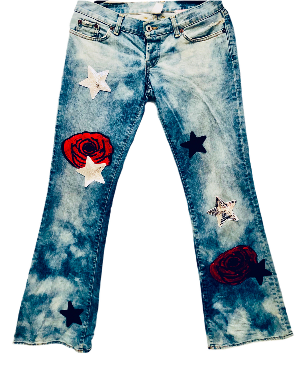 Unique Original One of a Kind Hand Dyed and Appliquéd EVERY ROSE HAS ITS THORN Denim Jeans