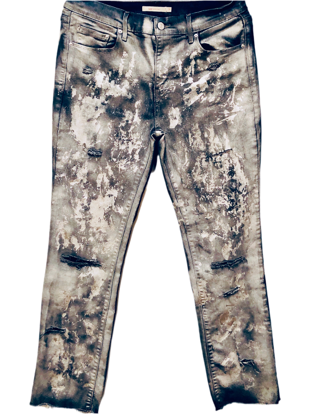 Unique Original One of a Kind Hand Painted Distressed Textured Raw Edge NIGHT AND DAY Denim Jeans