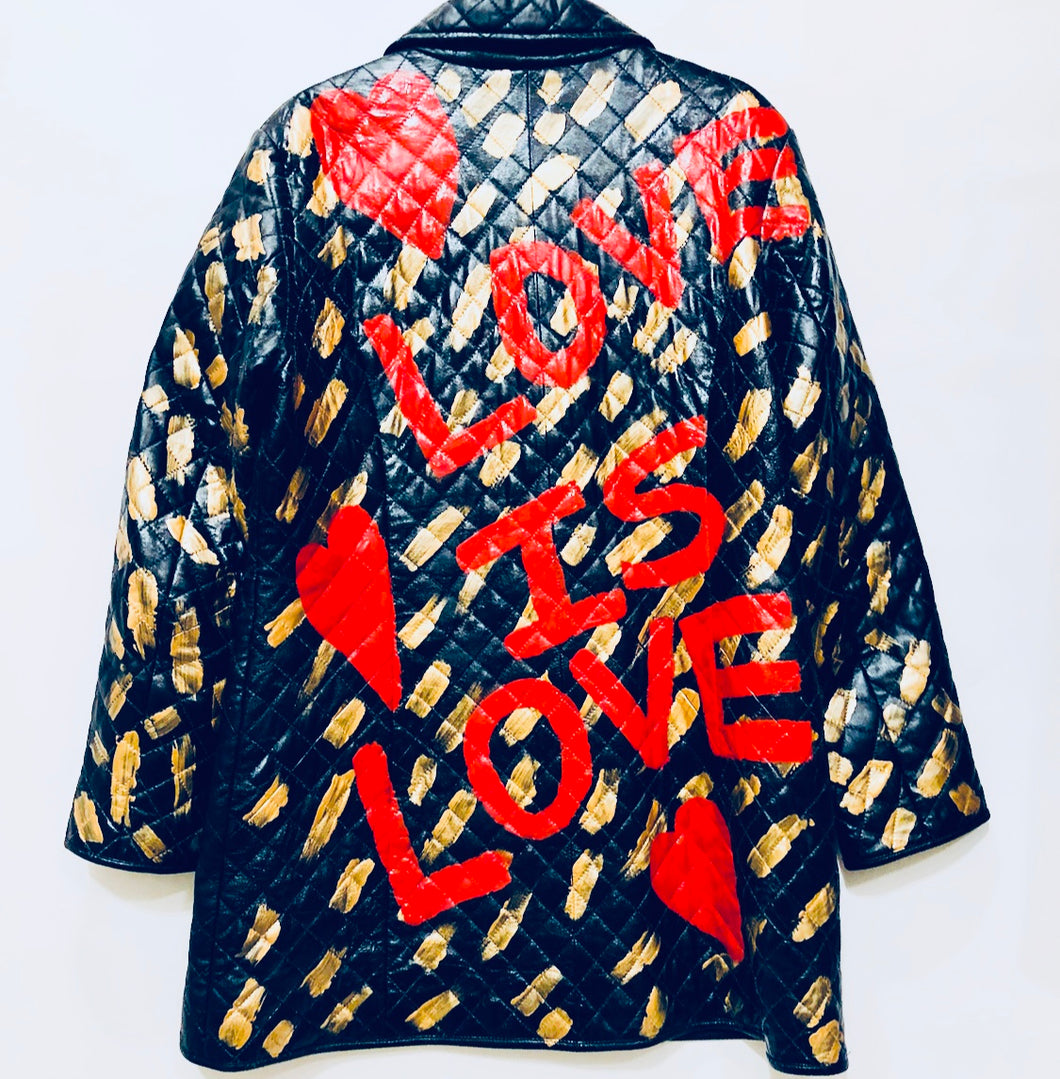 Unique Original One of a Kind Hand Painted LOVE IS LOVE Quilted Leather Trench Coat - HYLAN SHOOB