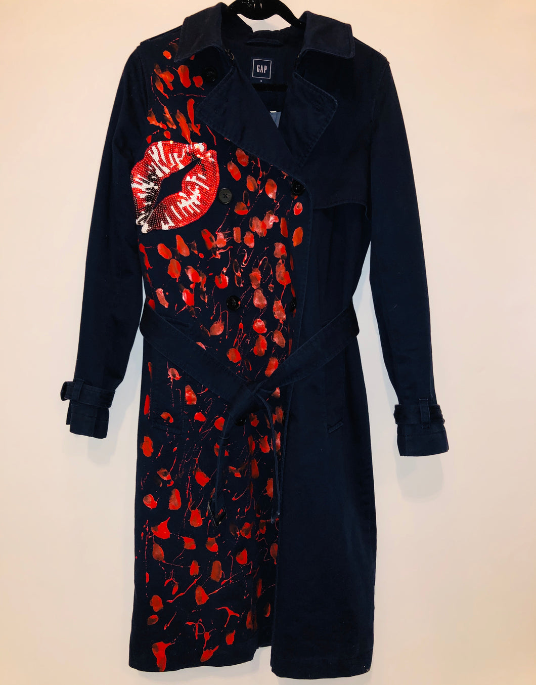 Unique Original One of a Kind Hand Painted and Appliquéd IT’S IN THE KISS Trench Coat