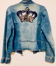 Load image into Gallery viewer, Unique Original One of a Kind Hand Appliquéd and Distressed THE WHITE CROWN Denim Jacket - HYLAN SHOOB
