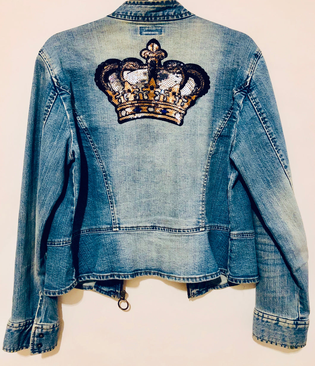 Unique Original One of a Kind Hand Appliquéd and Distressed THE WHITE CROWN Denim Jacket - HYLAN SHOOB