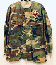 Load image into Gallery viewer, Unique Original One of a Kind Hand Deconstructed, Distressed, Dyed and Appliquéd POWER OF LOVE Camouflage Jacket - HYLAN SHOOB
