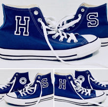 Load image into Gallery viewer, Unique Original One of a Kind Hand Appliquéd Monogram HS High Tops Upcycled High Top Sneakers - HYLAN SHOOB
