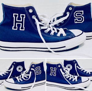 Unique Original One of a Kind Hand Appliquéd Monogram HS High Tops Upcycled High Top Sneakers - HYLAN SHOOB