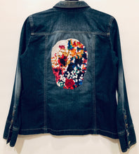 Load image into Gallery viewer, Unique Original One of a Kind Hand Appliquéd and Distressed SMILING SKULL Denim Jacket - HYLAN SHOOB
