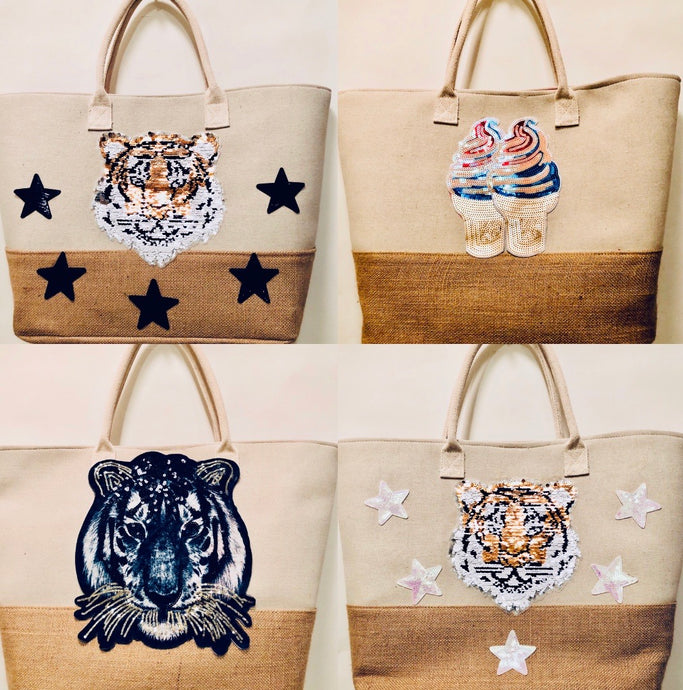 Unique Original One of a Kind Hand Appliquéd Canvas and Burlap Tote Bag - HYLAN SHOOB