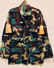 Load image into Gallery viewer, Unique Original One of a Kind Hand Distressed, Deconstructed, Dyed and Appliquéd GOLDEN Camoflauge Jacket - HYLAN SHOOB
