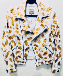 Unique Original One of a Kind Hand Appliquéd and Painted GOLD TIGER Denim Biker Jacket - HYLAN SHOOB