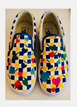 Load image into Gallery viewer, Unique Original One of a Kind Hand Painted Multicolor Hearts HAVE FUN Slip On Sneakers - HYLAN SHOOB
