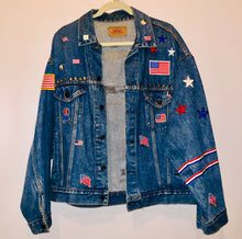 Load image into Gallery viewer, Unique Original One of a Kind Hand Appliquéd THE USA Denim Jacket
