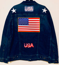 Load image into Gallery viewer, Unique Original One of a Kind Hand Appliquéd THE USA Denim Jacket - HYLAN SHOOB
