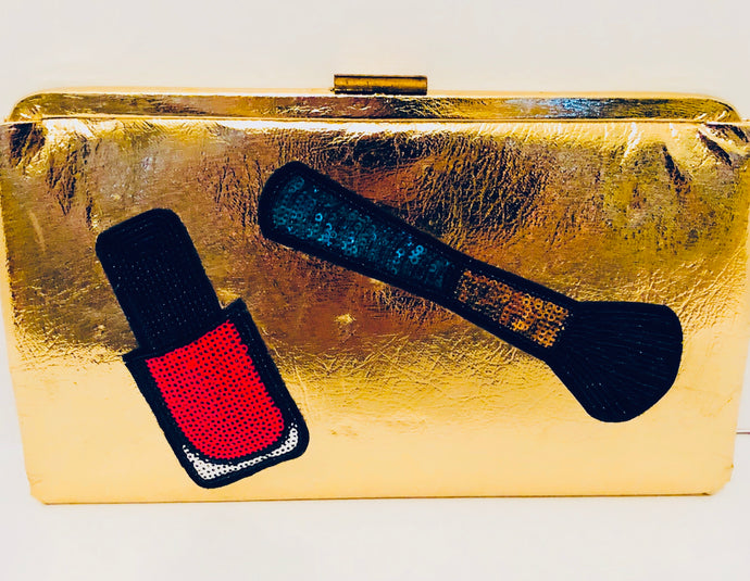 Unique Original One of a Kind Hand Appliquéd THE MAKEUP BAG Gold Vintage Clutch Handbag with Fold Away Handle - HYLAN SHOOB