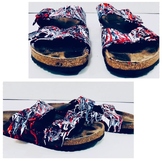 Unique Original One of a Kind Hand Painted THE RED WHITE AND BLUE Vintage Leather Sandals - HYLAN SHOOB