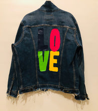 Load image into Gallery viewer, Unique Original One of a Kind Hand Painted Distressed Multicolor LOVE Denim Jacket
