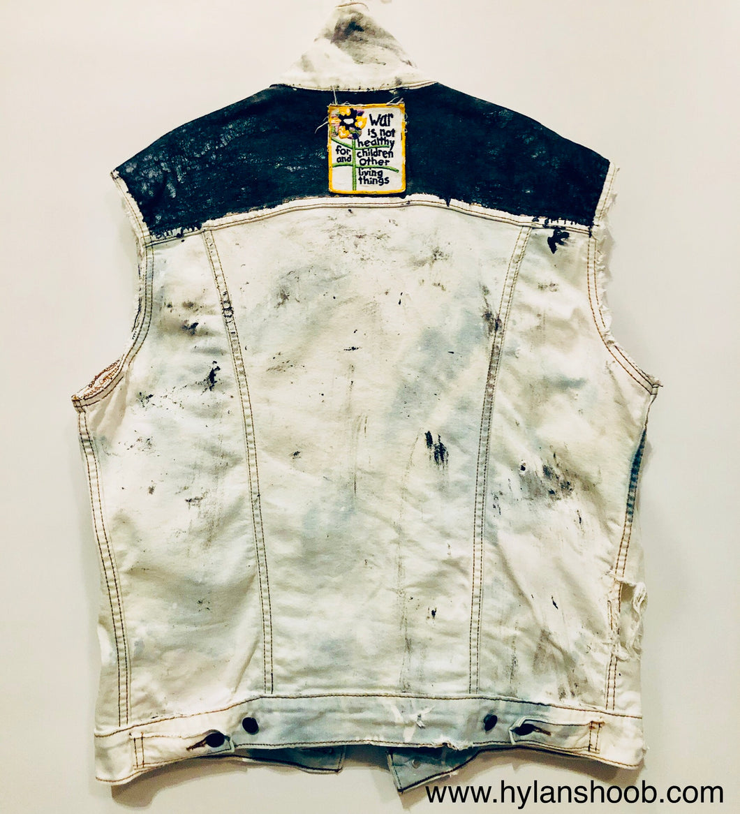 Unique Original One of a Kind Hand Appliquéd, Painted, Deconstructed and Distressed WAR Denim Vest