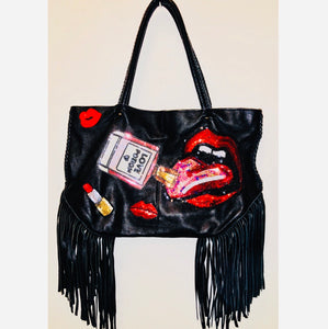 Unique Original One of a Kind Hand Appliquéd LOVE POTION Fringe Leather Shoulder Bag.