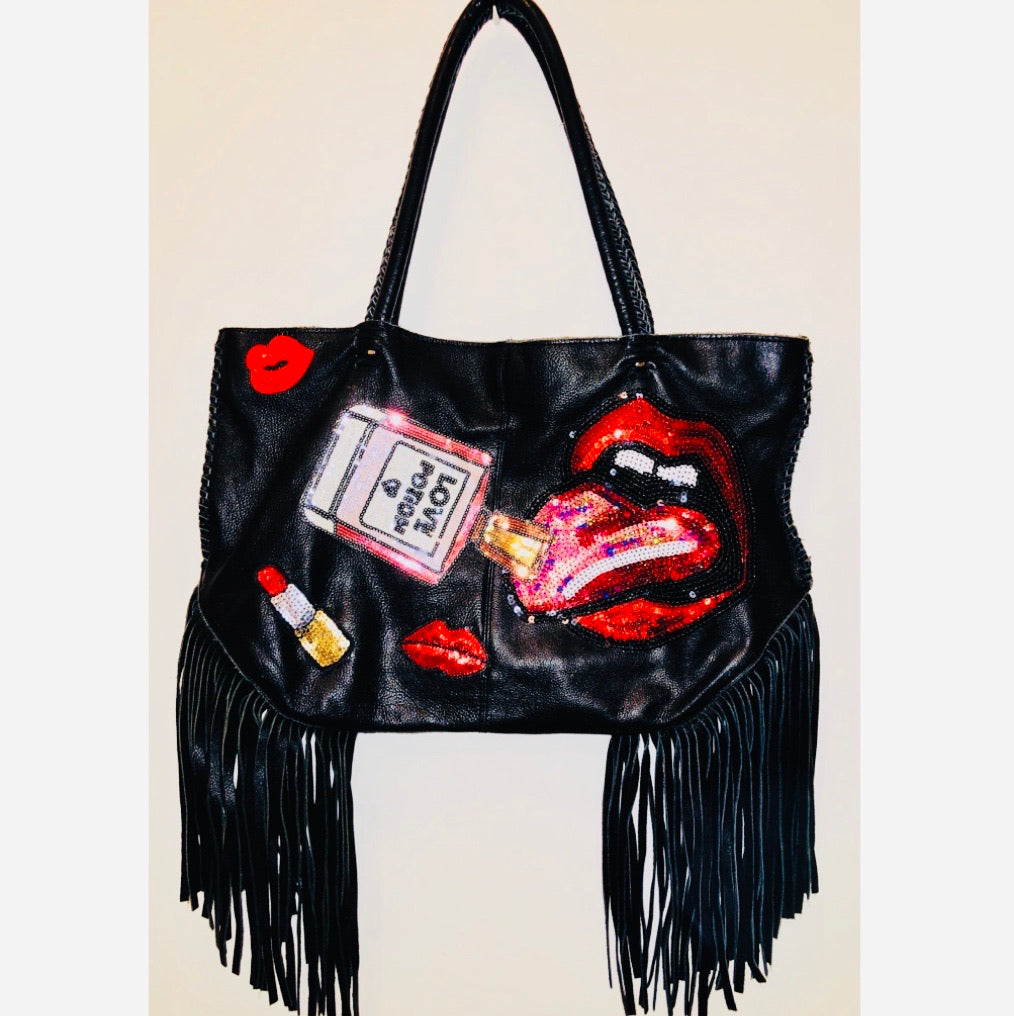 Unique Original One of a Kind Hand Appliquéd LOVE POTION Fringe Leather Shoulder Bag.