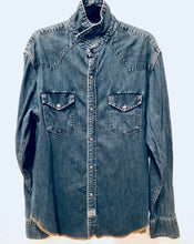 Load image into Gallery viewer, Unique Original One of a Kind Hand Painted and Distressed THE THINKER Vintage Denim Shirt - HYLAN SHOOB
