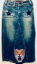 Load image into Gallery viewer, Unique Original One of a Kind Hand Deconstructed, Distressed and Appliquéd YELLOW EYED TIGER Denim Maxi Skirt - HYLAN SHOOB
