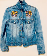 Load image into Gallery viewer, Unique Original One of a Kind Hand Appliquéd and Distressed FACING TIGERS Denim Jacket
