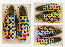 Load image into Gallery viewer, Unique Original One of a Kind Hand Painted Multicolor Hearts HAVE FUN Slip On Sneakers - HYLAN SHOOB
