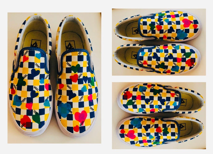 Unique Original One of a Kind Hand Painted Multicolor Hearts HAVE FUN Slip On Sneakers - HYLAN SHOOB