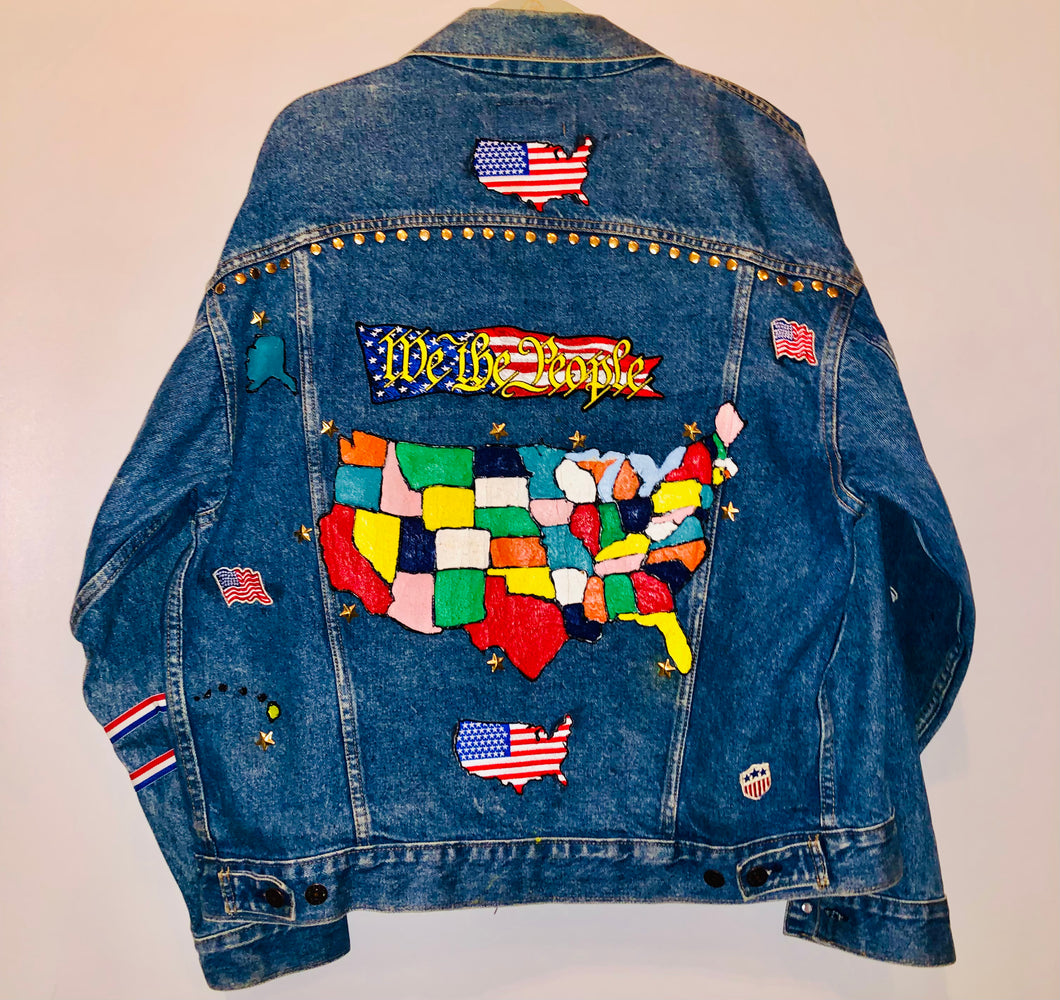 Unique Original One of a Kind Hand Appliquéd THE USA Denim Jacket