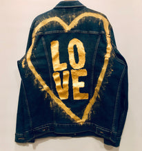 Load image into Gallery viewer, Unique Original One of a Kind Hand Painted Gold LOVE Denim Jacket
