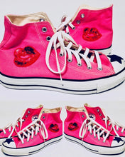 Load image into Gallery viewer, Unique Original One of a Kind Hand Appliquéd BE HAPPY High Top Sneakers - HYLAN SHOOB
