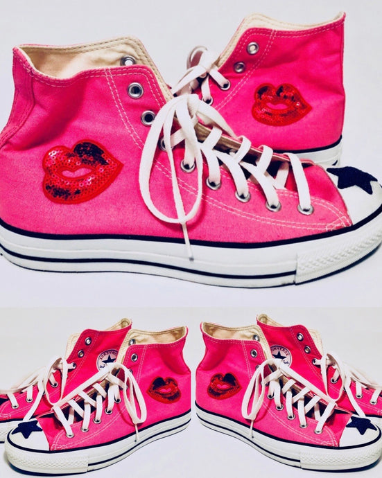 Unique Original One of a Kind Hand Appliquéd BE HAPPY High Top Sneakers - HYLAN SHOOB