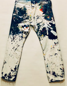 Unique Original One of a Kind Hand Painted Dyed Distressed Raw Edge RAINBOW Denim Jeans - HYLAN SHOOB