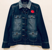 Load image into Gallery viewer, Unique Original One of a Kind Hand Appliquéd and Distressed SMILING SKULL Denim Jacket - HYLAN SHOOB
