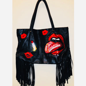 Unique Original One of a Kind Hand Appliquéd LOVE POTION Fringe Leather Shoulder Bag.