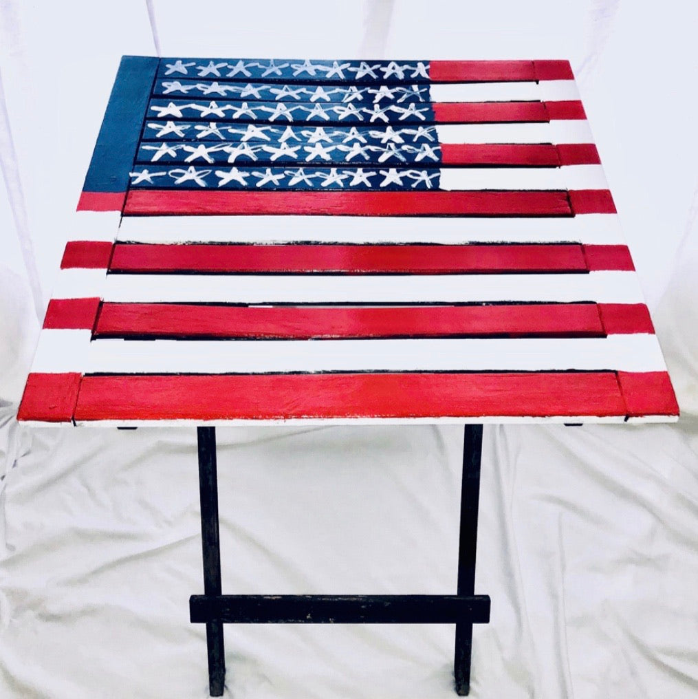 Unique Original One of a Kind Hand Painted and Distressed THE RED WHITE AND BLUE Wooden Table - HYLAN SHOOB