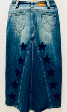 Load image into Gallery viewer, Unique Original One of a Kind Hand Deconstructed, Distressed and Appliquéd YELLOW EYED TIGER Denim Maxi Skirt - HYLAN SHOOB
