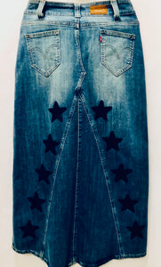 Unique Original One of a Kind Hand Deconstructed, Distressed and Appliquéd YELLOW EYED TIGER Denim Maxi Skirt - HYLAN SHOOB