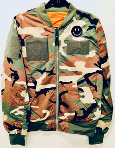 Unique Original One of a Kind Hand Painted and Appliquéd JUST SMILE Camo Jacket - HYLAN SHOOB