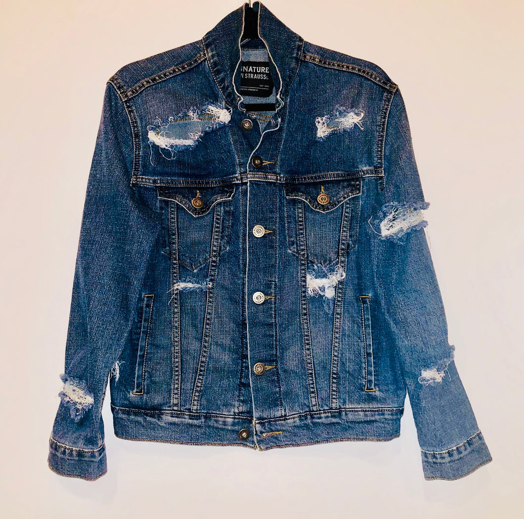 Unique Original One of a Kind Hand Bleached, Distressed, Frayed, and Ripped Raw Edge DESTROYED Denim Jacket