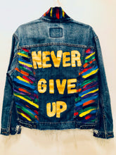 Load image into Gallery viewer, Unique Original One of a Kind Hand Painted and Frayed NEVER GIVE UP Denim Jacket - HYLAN SHOOB
