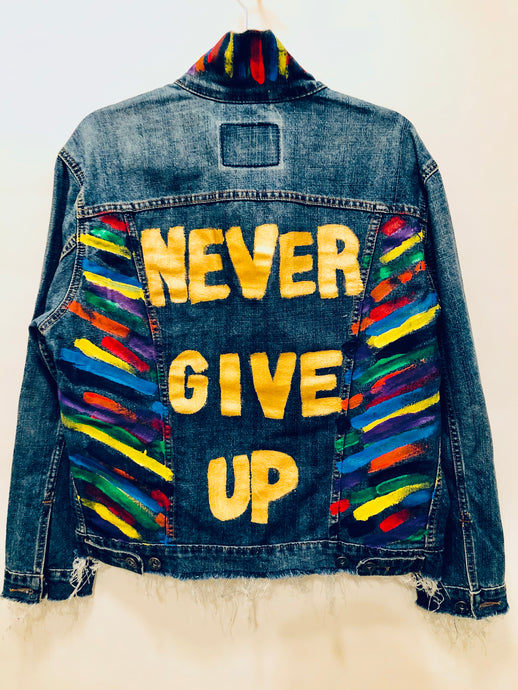 Unique Original One of a Kind Hand Painted and Frayed NEVER GIVE UP Denim Jacket - HYLAN SHOOB