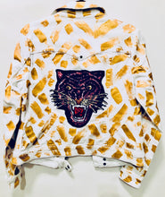 Load image into Gallery viewer, Unique Original One of a Kind Hand Appliquéd and Painted GOLD TIGER Denim Biker Jacket - HYLAN SHOOB
