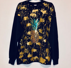 Unique Original One of a Kind Hand Appliquéd and Painted PINEAPPLE PARADISE Hoodie Sweatshirt