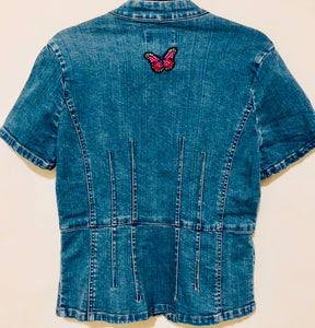 Unique Original One of a Kind Hand Appliquéd THE BUTTERFLIES Short Sleeve Denim Jacket - HYLAN SHOOB