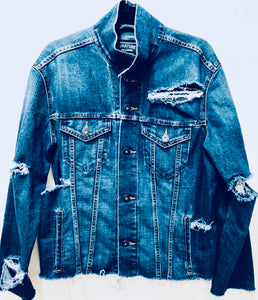 Unique Original One of a Kind Hand Bleached, Distressed, Frayed, and Ripped Raw Edge DECONSTRUCTED Denim Jacket - HYLAN SHOOB