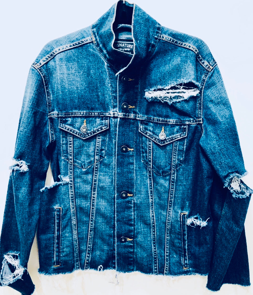 Unique Original One of a Kind Hand Bleached, Distressed, Frayed, and Ripped Raw Edge DECONSTRUCTED Denim Jacket - HYLAN SHOOB