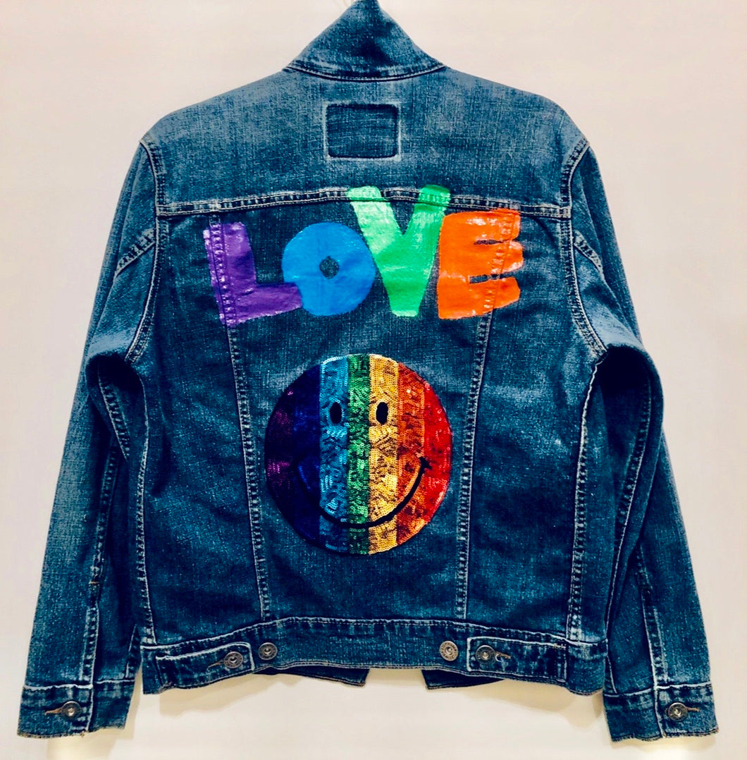 Unique Original One of a Kind Hand Painted and Appliquéd LOVE Denim Jacket - HYLAN SHOOB